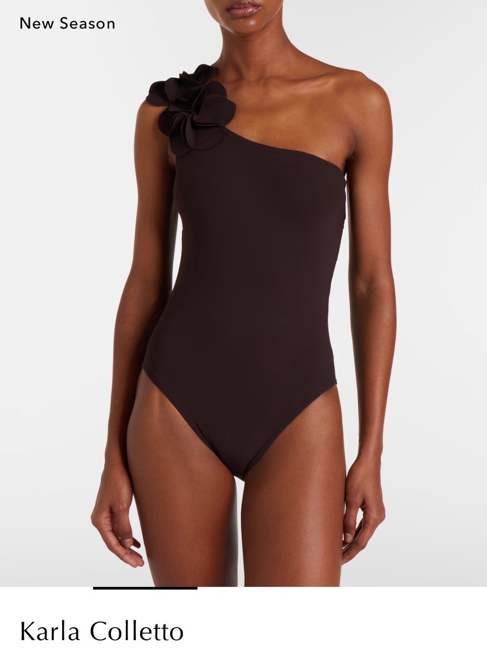 NEW Karla Colletto Tess One Shoulder Floral Applique Swimsuit Chocolate Brown S